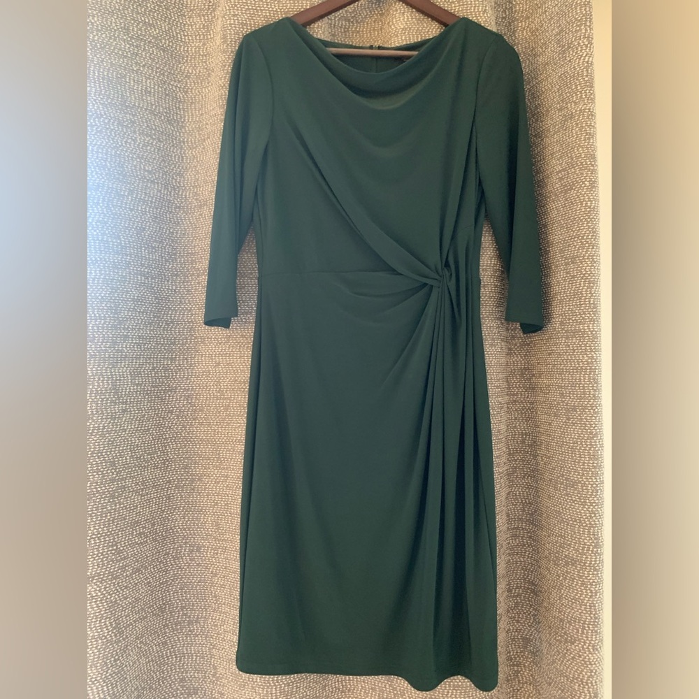 Ralph Lauren Dark Green Draped Wrap-Detail Long Sleeve Dress